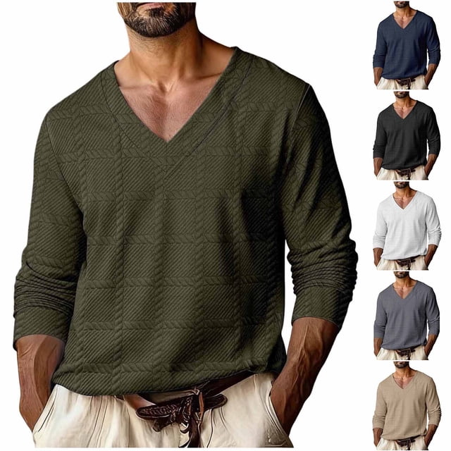 VBTAPA Mens Textured T Shirt Long Sleeve V Neck Pullover Tops Jacquard Knit Soft Comfy Fall Spring Tops Grey S
