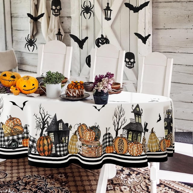 Oval Halloween Tablecloth 60x102 Inch,Horror Pumpkin Castle Skull Oval Tablecloth,Polyester Waterproof Wrinkle-resistant and Durable Tablecloth,Suitable for Halloween,Party,Kitchen and Home Decor