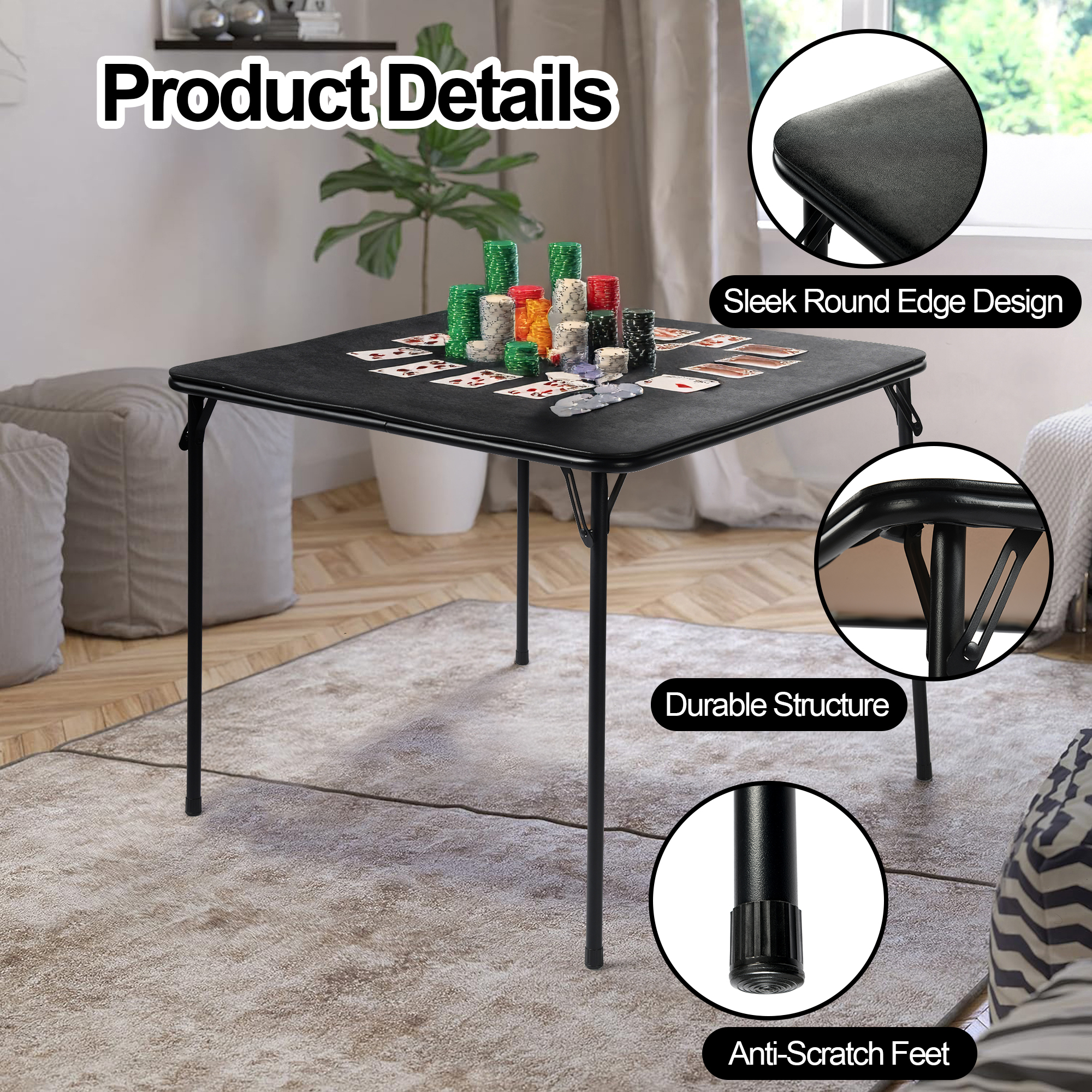 Homy Casa table pliante carrée 33,9 po, plateau PVC noir, pieds en métal, pour repas, jeux, fêtes et petits espaces