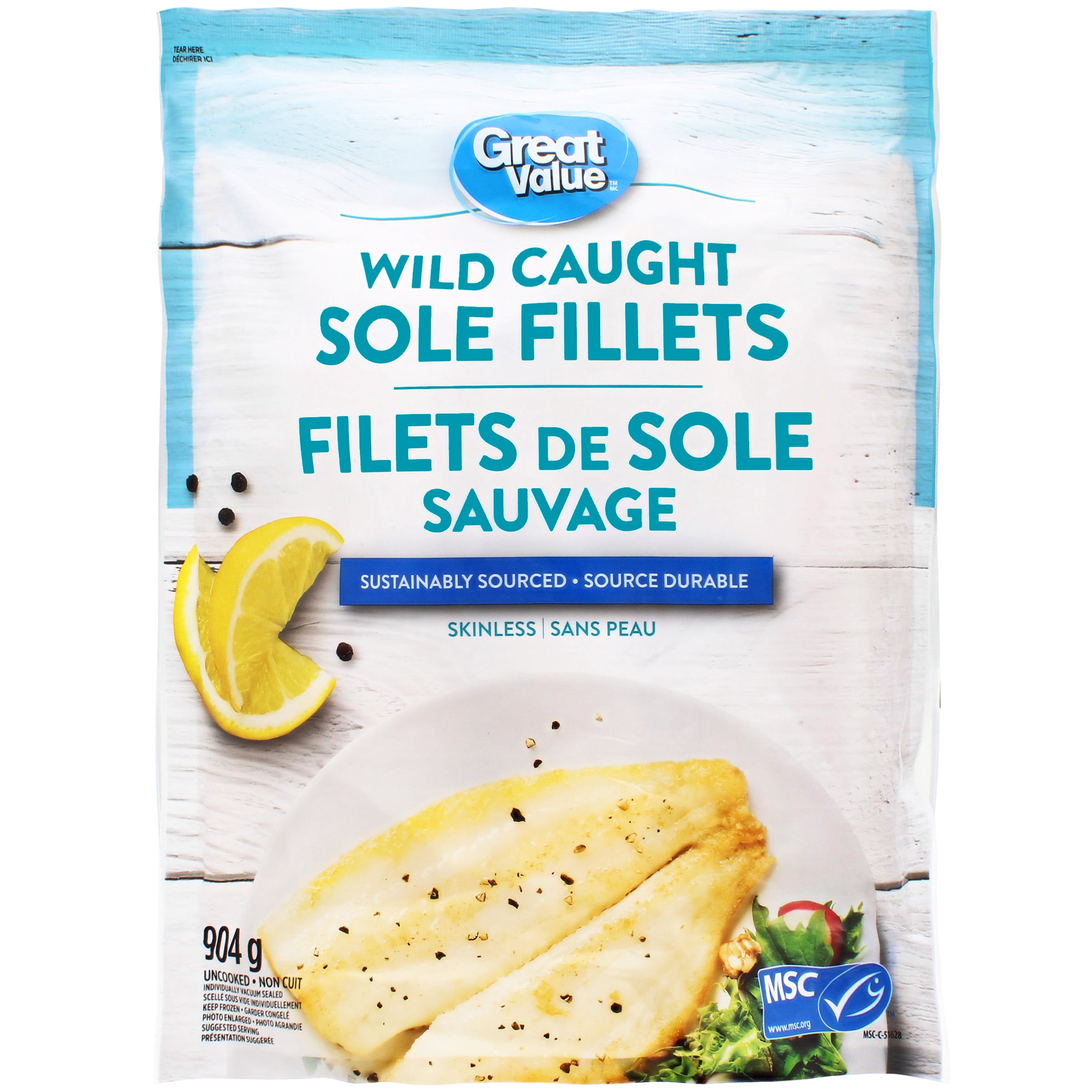 Great Value Wild Caught Sole Fillets, Vacuum Pack, Frozen, 904 g