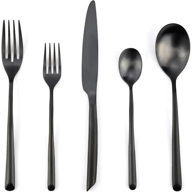 20-Piece Utensil Set - Ultimate Cooking Convenience, Complete Your Kitchen (Deena Matte Black). This set includes 4 dinner knives, 4 dinner forks, 4 dinner spoons, 4 dessert forks, and 4 dessert spoons, all crafted from high-quality stainless steel with a luxurious matte black finish. The utensils feature ergonomic handles for a comfortable grip and are corrosion-resistant for long-lasting use. Ideal for both formal dining and everyday meals, this set combines elegance and functionality.