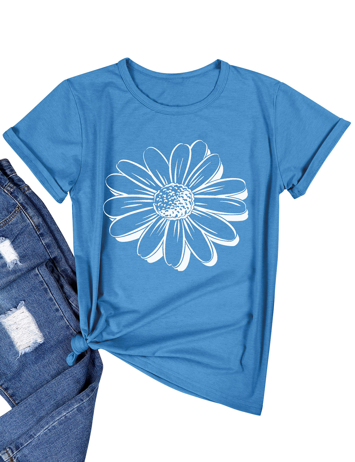Nlife Women Sunflower Print Crew Neck Short Sleeves Top