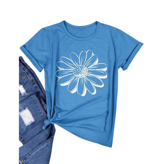 Nlife Women Sunflower Print Crew Neck Short Sleeves Top