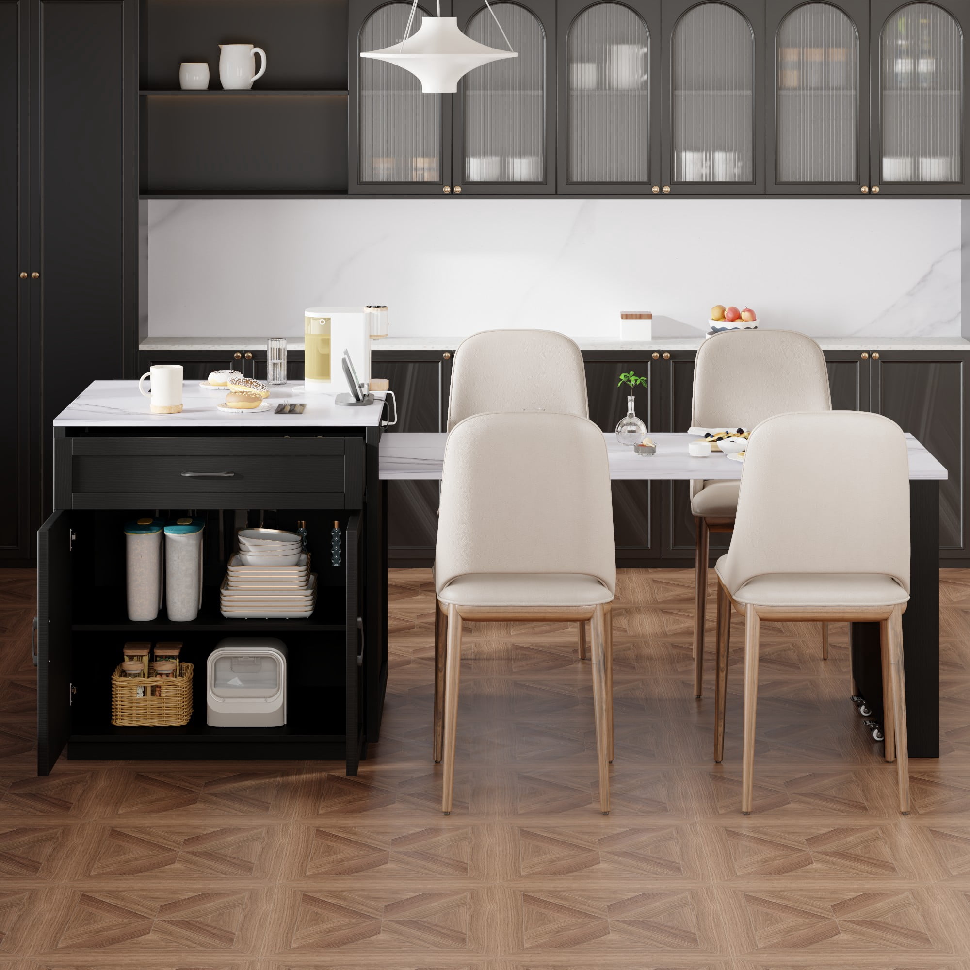 Îlot de cuisine Noble House 82,7 po avec table à manger extensible pour 4 à 6 personnes, noir