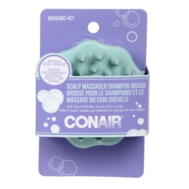 Conair Scalp Massaging Shampoo Brush in light teal with soft-tipped silicone bristles designed to gently clean and remove buildup from the scalp, displayed in purple packaging with white text. Suitable bath accessory for scalp exfoliation and massage during shampooing.