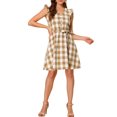 thumbnail image 2 of INSPIRE CHIC Women's V Neck Check Ruffled Sleeve Belted Plaids Mini Dress XS Brown, 2 of 7