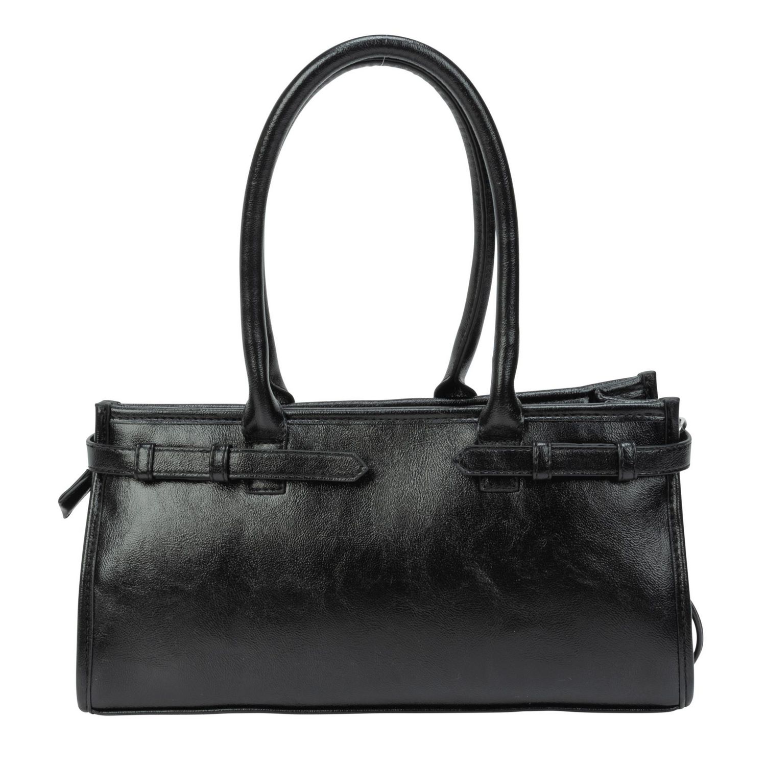 Time & Tru Slim Satchel Handbag, Oil-Waxed Faux Leather, Top Handles with Removable Adjustable Strap, Inner Zipper Pocket, Top Zipper Closure, Black