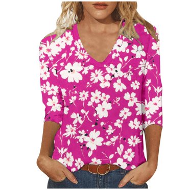 RKSTN Hauts d'Été pour Femmes Mode à Imprimé Floral Col en V Manches 3/4 Chemisiers Décontractés Coupe Ajustée Extensibles Doux Polyvalents Hauts pour Femmes
