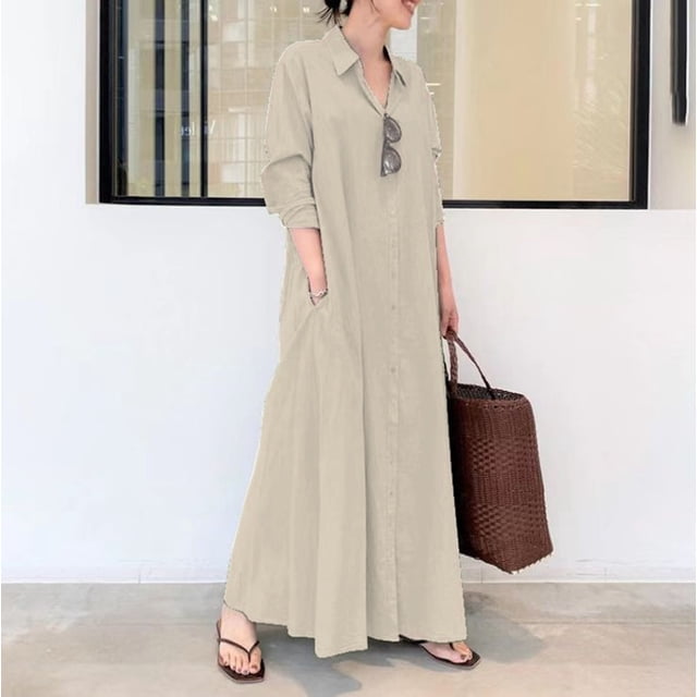 Bramtres Robes Maxi, Robes de Vacances, Robe Chemise Longue Décontractée pour Femme en Coton et Lin à Boutons avec Poches, Longues Robes, Robe à Manches Longues, Robes Modestes, une Robe, TTG