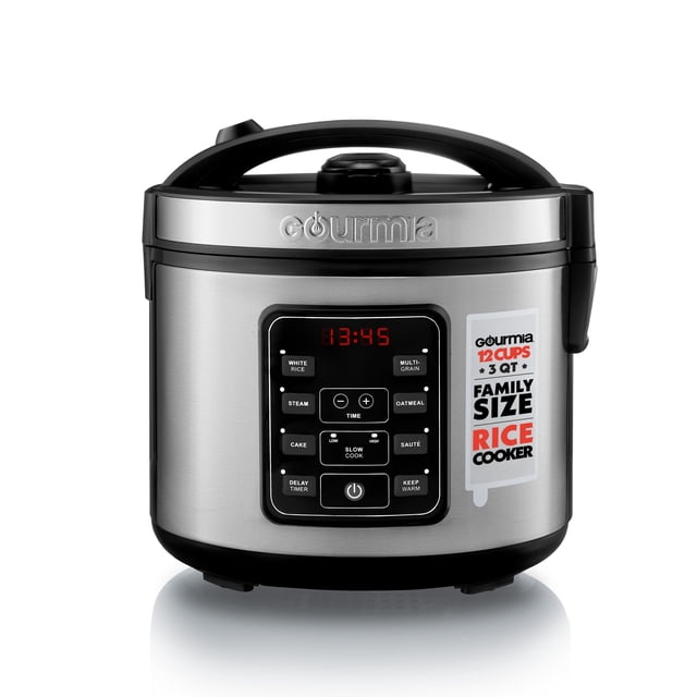 Gourmia Rice & Grain Cooker & Steamer with One-Touch Controls, featuring a stainless steel exterior and a digital control panel with preset options for white rice, multigrain, steam, oatmeal, and more. The compact 3-quart design accommodates up to 12 cups of cooked rice and includes a nonstick ceramic pot, steamer basket, spatula, and measuring cup. The unit measures 8.5” L × 8.2” W × 8.5” H and features a delay start timer and automatic keep warm function.