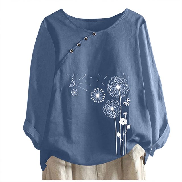 CHUANK Hauts pour Femmes en Liquidation à Moins de 10$ Hauts pour Femmes Décontractés Printemps Été Manches Longues Coton Lin Imprimé Graphique Pissenlit Col Rond Blouses Vintage Grande Taille