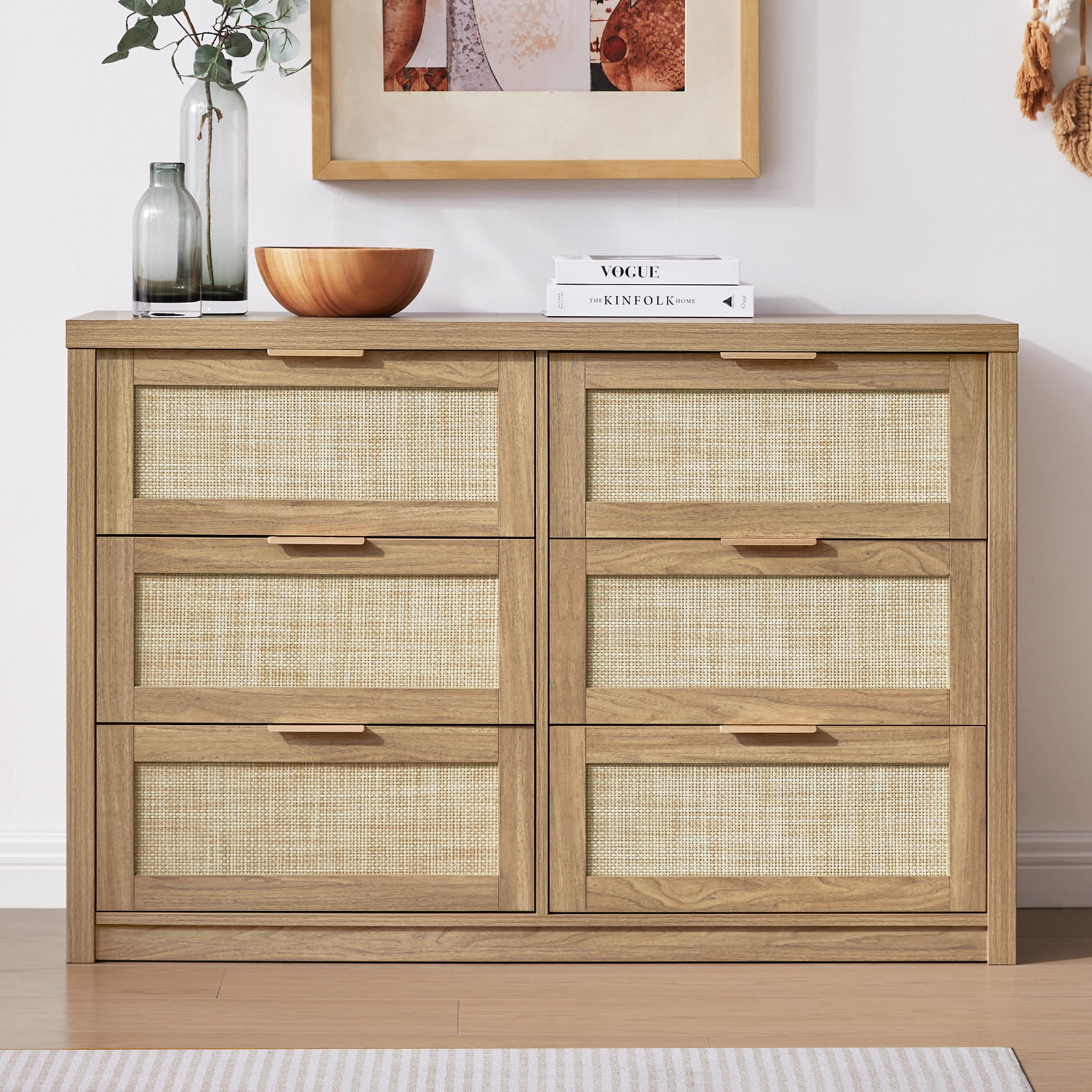 OAKHAM Commode 6 Tiroirs, Grand Commode en Rotin pour Chambre à Coucher Salon, Chêne Vieilli