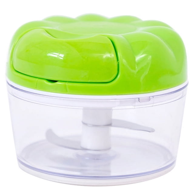 Coofit Manual Garlic Chopper Plastic Mini Vegetable Chopper Food Chopper for Home, a compact kitchen gadget with a green ABS plastic lid and transparent PP plastic container. Features stainless steel blades for grinding garlic, vegetables, meat, and peppers effortlessly. Dimensions: 8.5cm wide by 7cm high.