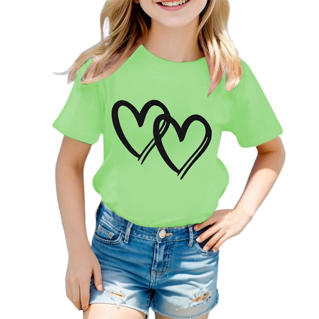 GDREDA Vêtements Fille Enfant Filles Mignon Graphique Col Rond Manches Courtes T-Shirt Été Décontracté Chemise Hauts Décontractés pour Fille Vert Clair,10-12 Ans