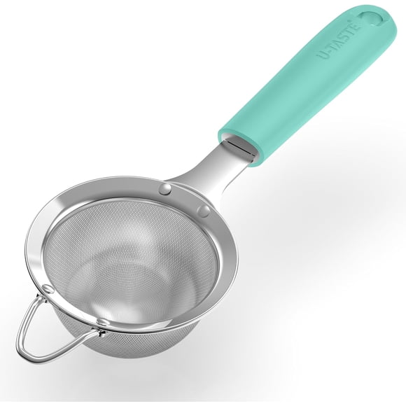 U-Taste Petite Passoire à Mailles Fines : Tamis Alimentaire de Cuisine en Acier Inoxydable 18/8 de 3,35 Po à 30 Mailles avec Poignée en Silicone Rivetée Robuste, Passoire Métallique Profonde Portative Robuste pour Thé, Jus (Aqua Sky)