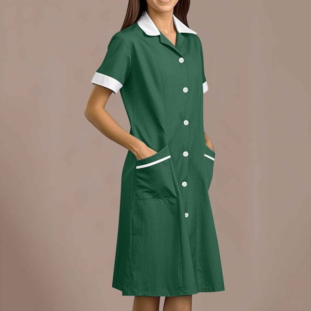 Tidyack,Exclusive Deal,Nurse Lapel Dress, Solid Color Work Dress, Pockets + Button Splicing, Midi Length, For Healthcare Staff, Professional Work Attire, Cotton Blend, Clean Cut, Daily Uniform