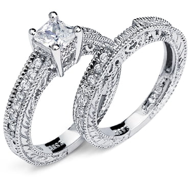 Bague de Fiançailles pour Femme en Argent Sterling 925, Zircone Cubique, Ensemble Nuptial Sculpté Taille Princesse, 0,75 Ct