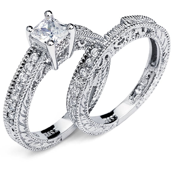 Women's Sterling Silver 925 .75Ct Princess Cut Carved Bridal Set Engagement Ring Wedding Cubic Zirconia