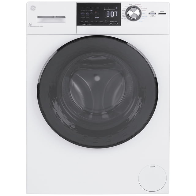 GE Laveuse/sécheuse à Chargement Frontal de 24 Pouces en Blanc, Modèle GFQ14ESSNWW. Comprend une Capacité de 2,8 Pi3, un Panier de Lavage en Acier Inoxydable et des Pattes de Nivellement Ajustables. Comprend 5 Vitesses d'Essorage, 5 Niveaux de Température et un cycle de Désinfection pour l'Élimination des Bactéries. Équipée d'Un Écran DEL, d'Un Verrouillage pour Enfants et d'Une Fonctionnalité Tout-en-un de Lavage et de Séchage. Conception Compacte de 24 Pouces de Largeur avec un Panneau de