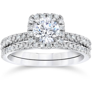 Ensemble de Bagues de Fiançailles et de Mariage en Or Blanc avec Halo Coussin en Diamant Véritable 5/8 Ct