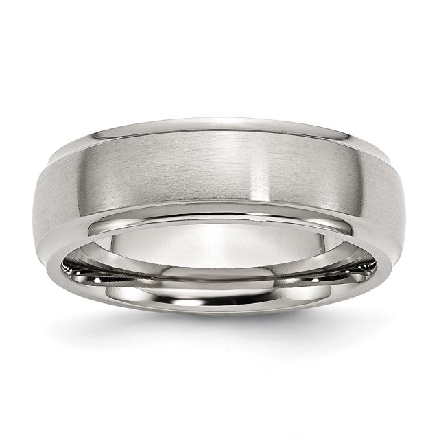 Stainless Steel Ridged Edge 7mm Brushed and Polished Band Ring 12 Size