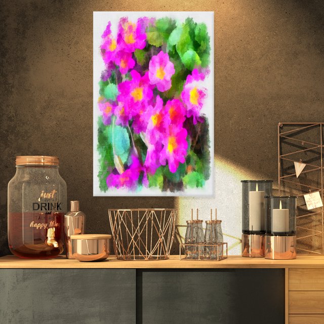 Petites Fleurs Roses avec Feuilles Vertes - Grande Oeuvre Florale sur Toile
