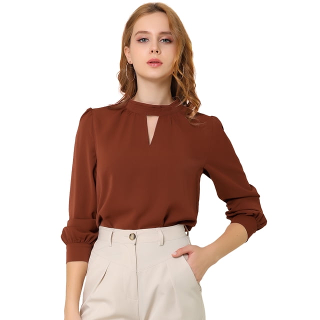 INSPIRE CHIC Women's Keyhole Stand Collar Pleated Back Button Blouse Tops