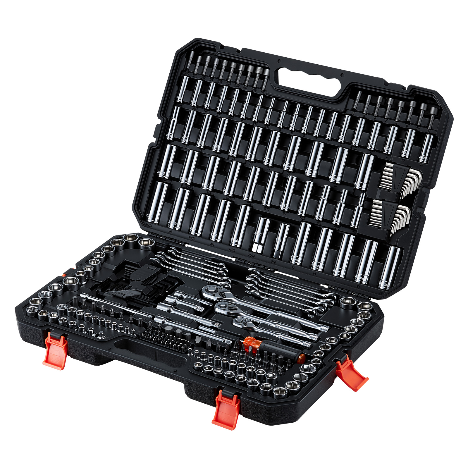 KFFKFF Mechanics Tool Set, 253-Piece Mechanic Tool Kit, 1/4 in, 3/8 in, and 1/2 in Drive, SAE and Metric Socket Set, Wrenches, Screwdriver Bits, Accessories, and Storage Case