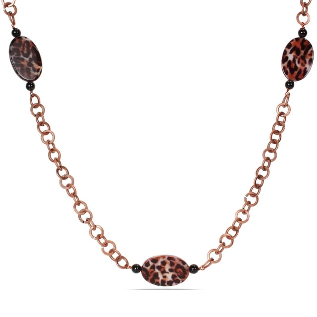 Tangelo Collier à Maillons Perlés Léopard et Onyx, 32 Pouces avec une Chaîne à Maillons en Métal Ton Or avec des Perles Ovales à Motif Léopard et de Petites Perles Rondes en Onyx Espacées Uniformément, Convient comme Collier Chaîne Stylé pour collections de Bijoux.