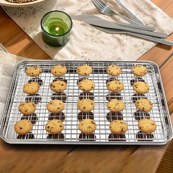 YAOMOBB High Temperature Resistant Baking Tray Stainless Steel Baking Tray Set with Mesh Rack Heavy Duty Non Heat Resistant Rectangle Bakeware for Kitchen Use