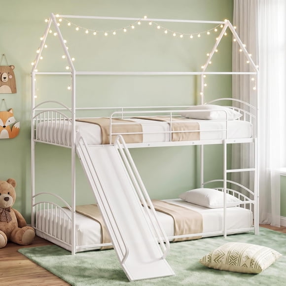 Twin Over Twin Bunk Bed with Slide & Ladder, House-Shaped Metal Bunk Bed Frame with Safety Guardrail & Roof, Heavy-Duty Kids Floor Bed for Boys Girls, No Box Spring Needed (White)