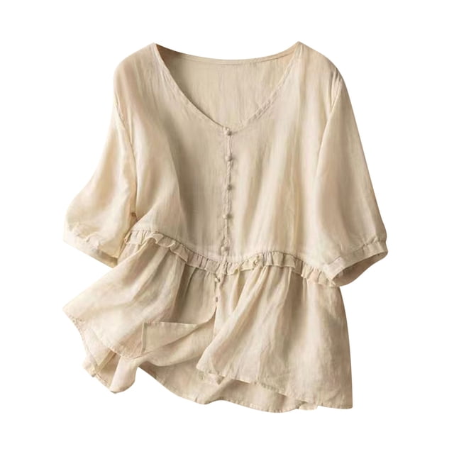 Timegard Plus Size Tops for Women Cotton Linen Short Sleeve V-Neck Button Ruffle Flowy Casual Loose Tops