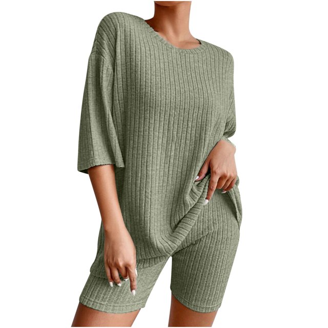 Mikilon Pyjama Décontracté pour Femmes, Ensemble de Sommeil d'Été, Confortable, Coupe Ample, Col Rond, Ensemble Deux Pièces, Manches Courtes, Blouse/chemise à Col Rond, Vert, TP