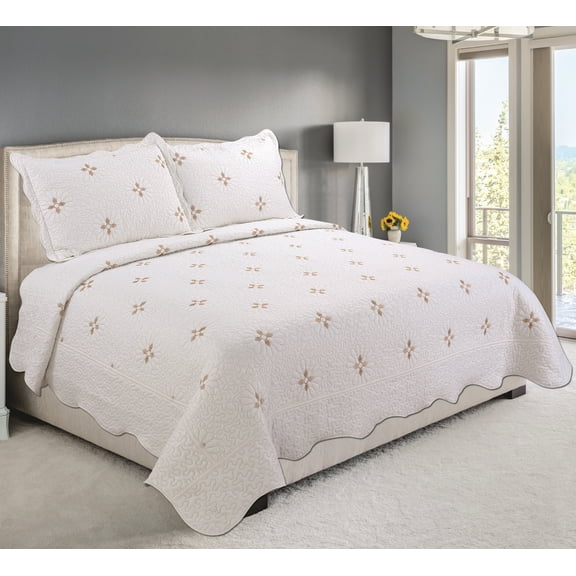 Marina Decoration Embroidered Stitching Coverlet Bedspread Ultra Soft Solid Bedding Summer Quilt Set with Quilted Sham, Modern Gold Floral Pattern