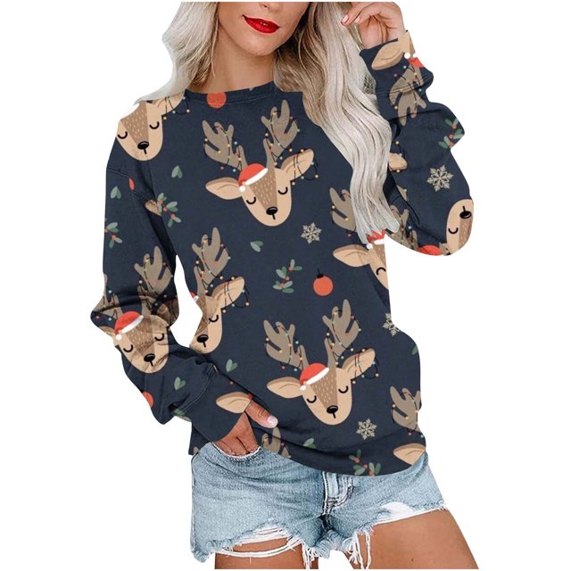EGNMCR Noël Sweatshirt Mode Décontractée pour Femmes Hauts Manches Longues Imprimé de Noël Col Rond Couverture Pull Sweatshirts