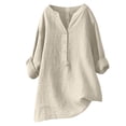 thumbnail image 1 of RKSTN Womens Tops Cotton and Linen V-Neck Long Sleeve Three Buttons Plus Size Tops Loose Fit Solid Color Basic Breathable Summer Tops Blouses, 1 of 5
