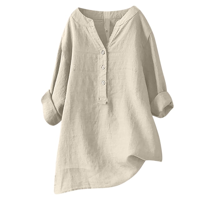 RKSTN Womens Tops Cotton and Linen V-Neck Long Sleeve Three Buttons Plus Size Tops Loose Fit Solid Color Basic Breathable Summer Tops Blouses