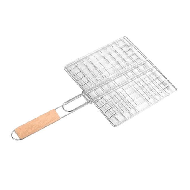 Foldable Barbecue Grilling Basket Grill BBQ Net Steak Meat Fish Vegetable Holder made of food-grade stainless steel with a chrome-plated iron wire mesh and a wooden handle. The basket features a heat-resistant handle for safe flipping and a secure woven design to prevent food from falling. Ideal for grilling fish, meat, vegetables, and more. Compact and easy to carry.