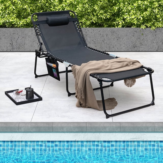 Costway 1 PCS Oversize Folding Chaise Lounge with Backrest Detachable Pillow Pocket