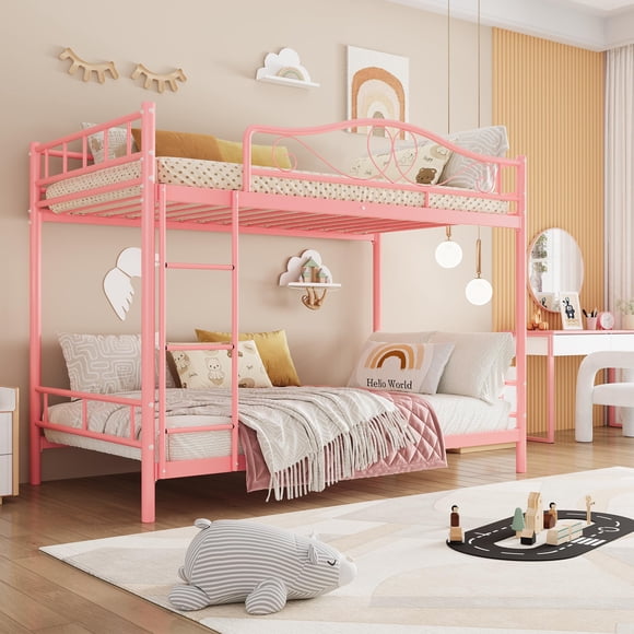 PIONEERWORKS Bunk Bed Twin Over Twin with Ladder & Full Safety Guardrail, Twin Bunk Bed 400 Lbs Load Capacity, Pink