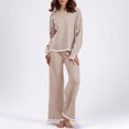 thumbnail image 2 of Fortune 2Pcs Women Knit Clothes Contrast Color Long Sleeve Loose Sweater + Wide Leg Pants Fall Lounge Set, 2 of 9