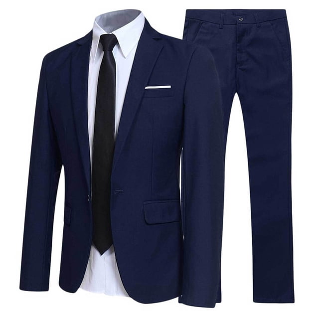 Jelory Mens 2 Piece Suit Formal Business Slim Fit Suits One Button Solid Blazer Jacket with Trousers Navy Blue M