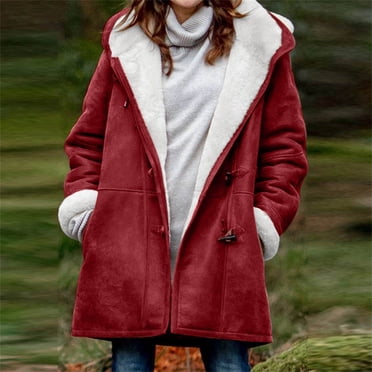 lcziwo Todays Deals Womens Plus Size Winter Coats for Women 2024 Warm Sherpa Fleece Lined Jackets Horn Buckle Hooded Parka Faux Suede Pea Coat Outerwear Wine,XXXXL