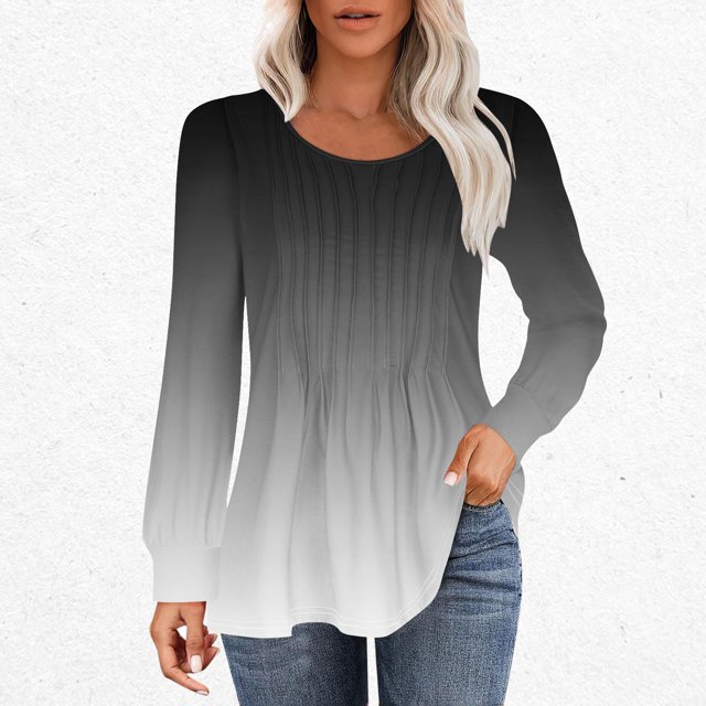 RXIRUCGD T-Shirts à Manches Longues Dégradés pour Femmes, Décontractés, Mode, Amples, Plissés, Col Rond, Gris, Taille : L