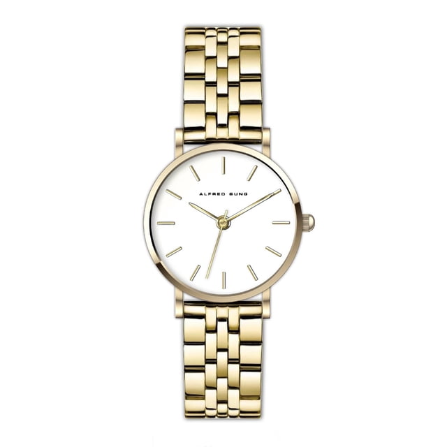 Alfred Sung Ladies Dress Gold White Dial Link Watch