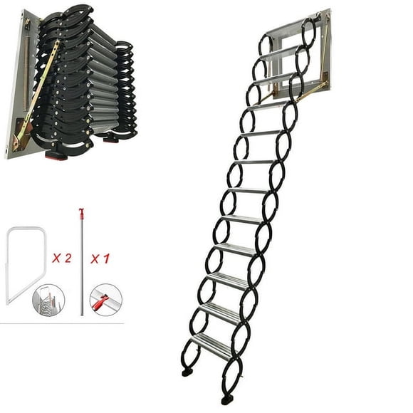 9.8ft Loft Wall-Mounted Ladder Attic Extension Folding Stairs with Armrests Al-Mg Alloy Black