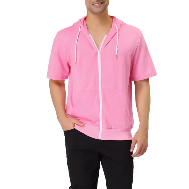 INSPIRE CHIC Men's Short Sleeve Hoodies Solid Color Zip Up Jackets with Hood S Pink