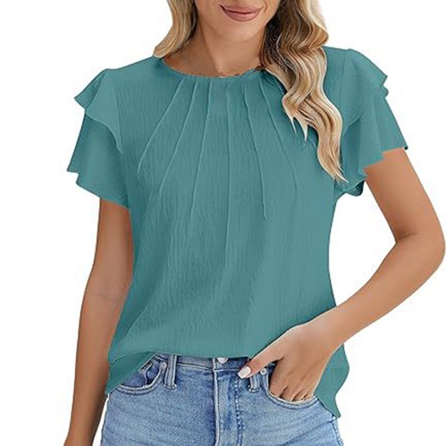Plebaso Hauts d'Été pour Femmes Manches Courtes à Volants Blouses Décontractées Col Rond Couleur Unie Chemises Amples pour Femmes