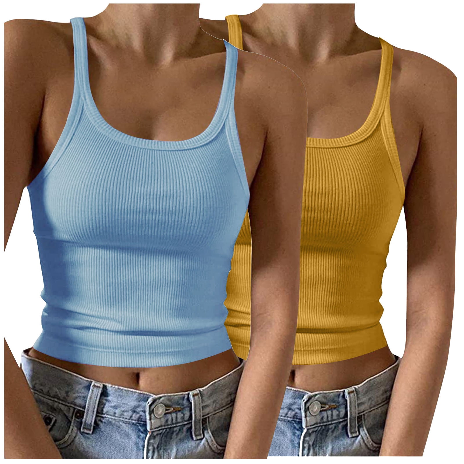 Timegard Camisoles 2 Pcs pour Femmes Col Rond Côtelé Sans Manches Ajusté Court Haut Décontracté Sortie Camis