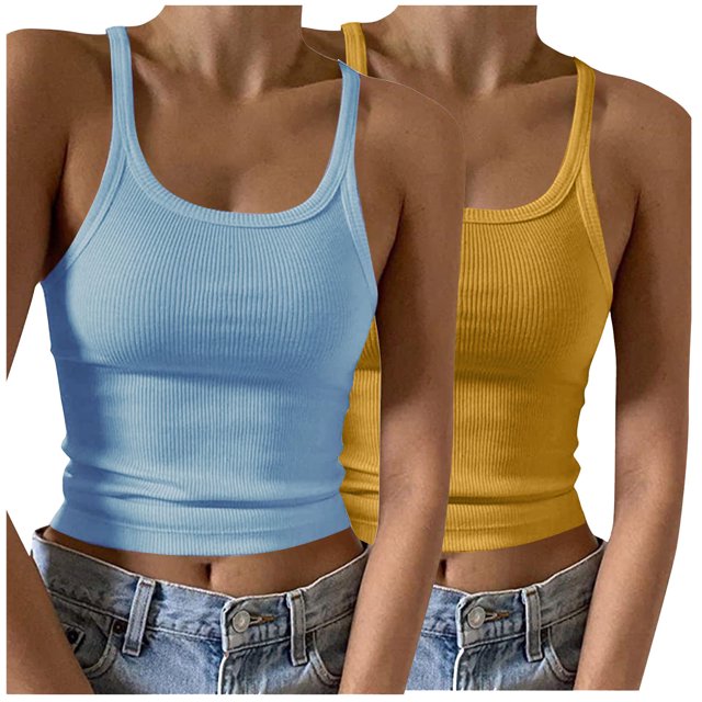 Timegard Camisoles 2 Pcs pour Femmes Col Rond Côtelé Sans Manches Ajusté Court Haut Décontracté Sortie Camis